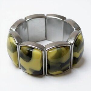 Greenish Yellow Black Marble Look Lucite Bead Rectangle Shape Stretch Bracelet